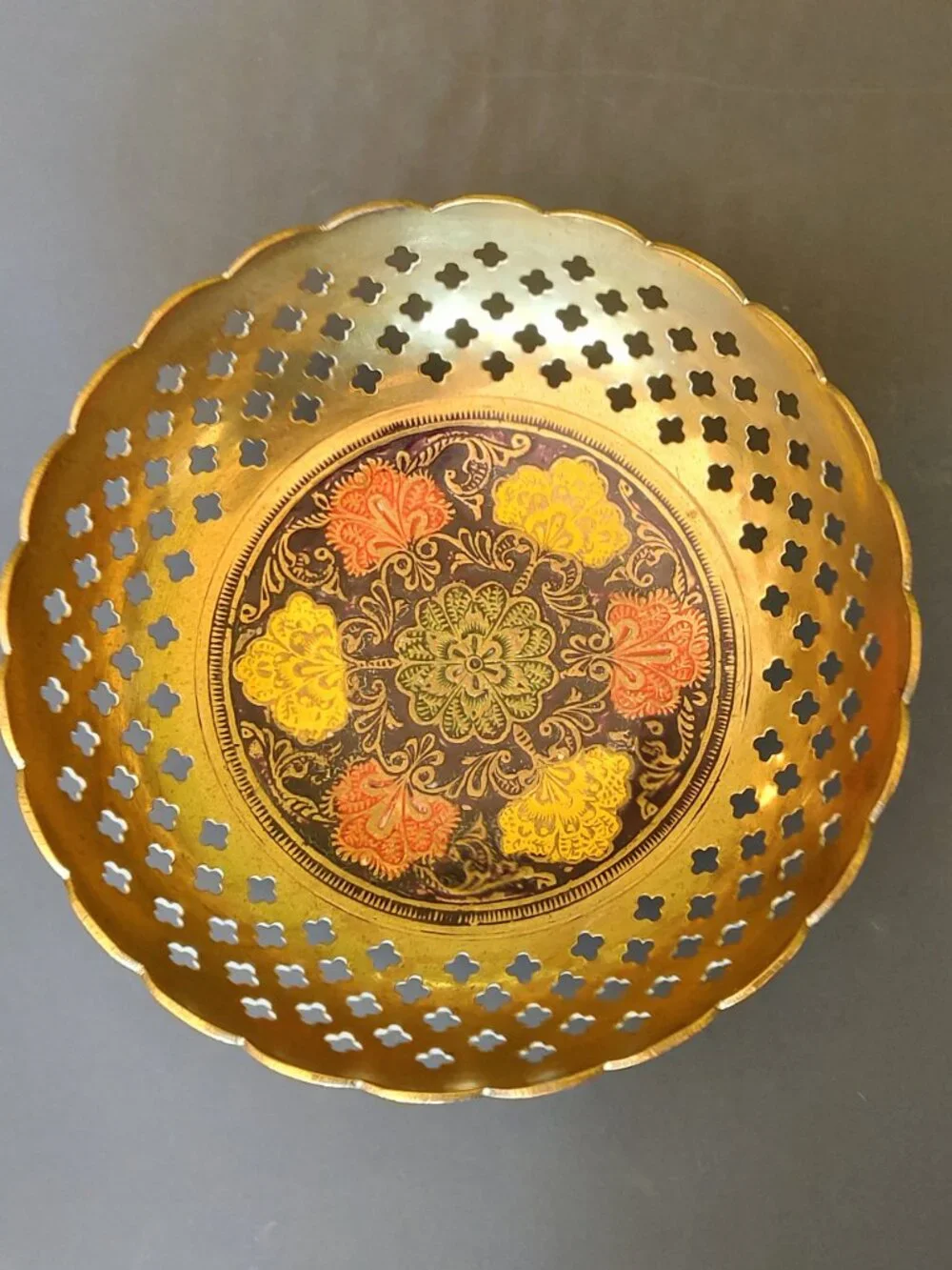 Vintage Indian Brass Pedestal Bowl Pierced Woven Design Enameled Floral Center